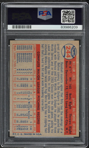 1957 Topps BB Card #244 Billy Loes Baltimore Orioles PSA 8 NM-MT (MGD2)