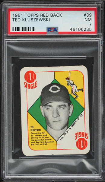 1951 Topps Red Backs BB Card # 39 Ted Kluszewski Cincinnati Reds HOF PSA 7 NRMT (MGD2)