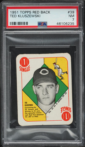1951 Topps Red Backs BB Card # 39 Ted Kluszewski Cincinnati Reds HOF PSA 7 NRMT (MGD2)