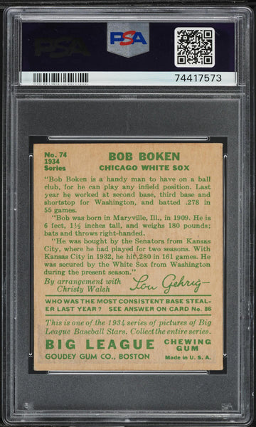 1934 Goudey BB Card # 74 Bob Boken Chicago White Sox ROOKIE RC PSA 5 EX (MGD2)
