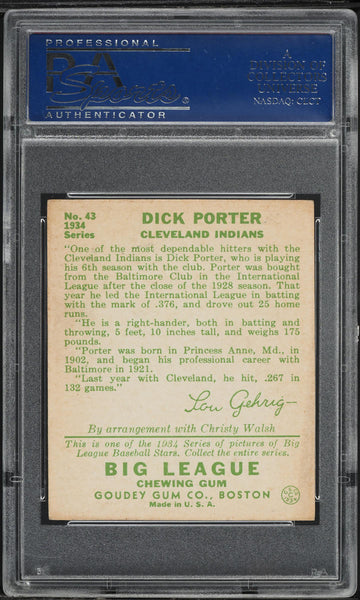 1934 Goudey BB Card # 43 Dick Porter Cleveland Indians ROOKIE RC PSA 5 EX (MGD2)