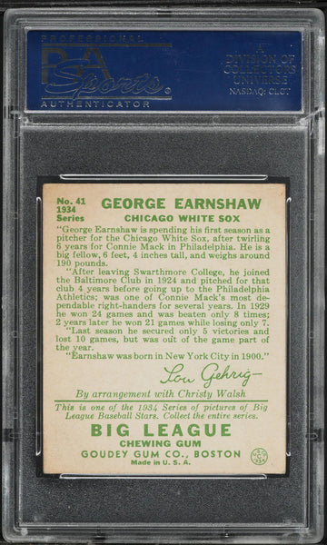 1934 Goudey BB Card # 41 George Earnshaw Chicago White Sox ROOKIE RC PSA 5 EX (MGD2)