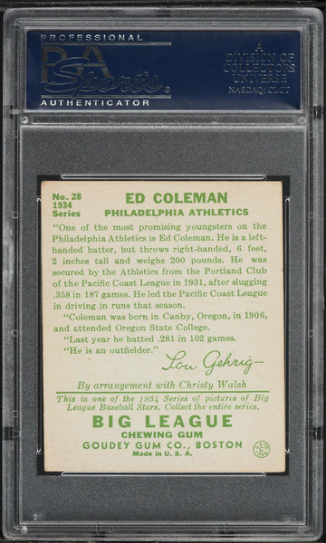 1934 Goudey BB Card # 28 Ed Coleman Philadelphia Athletics ROOKIE RC PSA 5 EX (MGD2)