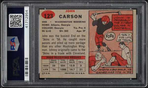 1957 Topps FB Card #123 Johnny Carson Washington Redskins SP PSA 7 NRMT (MGD2)