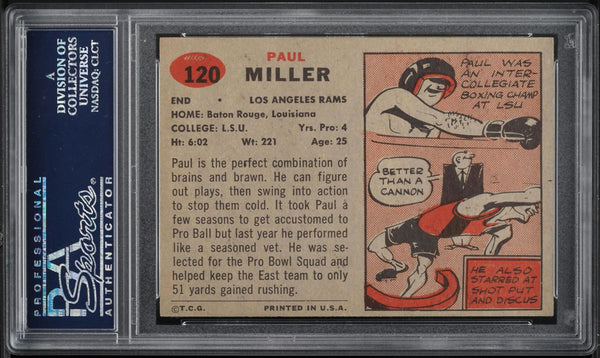 1957 Topps FB Card #120 Paul Miller Los Angeles Rams ROOKIE RC PSA 7 NRMT (MGD2)
