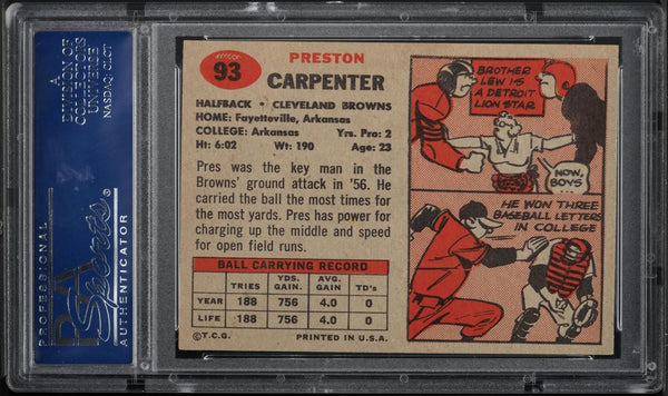 1957 Topps FB Card # 93 Preston Carpenter Cleveland Browns ROOKIE RC PSA 8 NM-MT (MGD2)