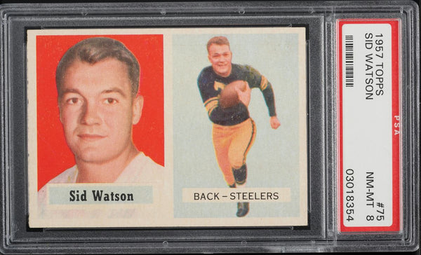 1957 Topps FB Card # 75 Sid Watson Pittsburgh Steelers HOF ROOKIE RC PSA 8 NM-MT (MGD2)