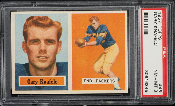 1957 Topps FB Card # 45 Gary Knafelc Green Bay Packers HOF PSA 8 NM-MT (MGD2)