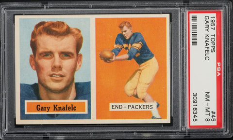 1957 Topps FB Card # 45 Gary Knafelc Green Bay Packers HOF PSA 8 NM-MT (MGD2)
