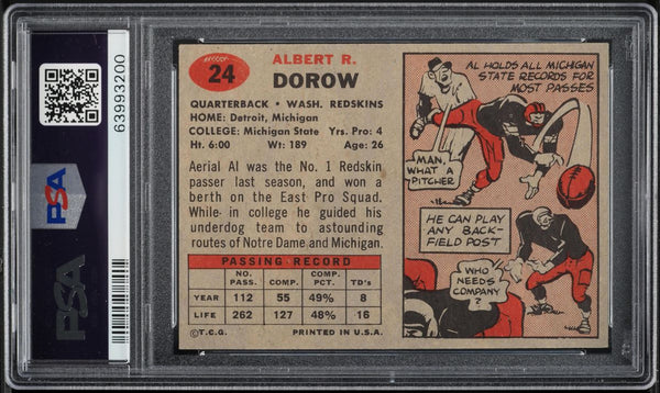 1957 Topps FB Card # 24 Al Dorow Washington Redskins PSA 8 NM-MT (MGD2)