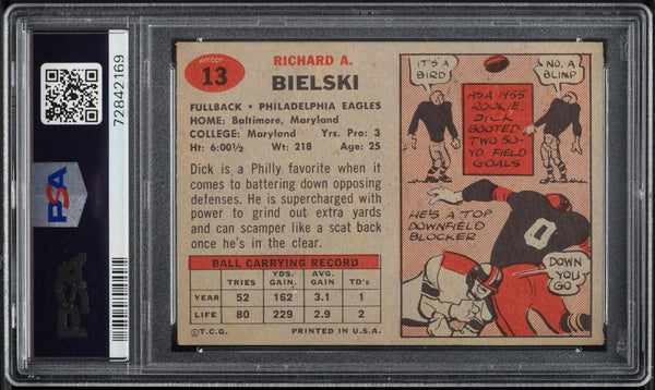 1957 Topps FB Card # 13 Dick Bielski Philadelphia Eagles PSA 7 NRMT (MGD2)