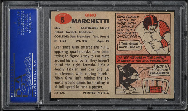 1957 Topps FB Card # 5 Gino Marchetti Baltimore Colts HOF PSA 8 NM-MT (MGD2)