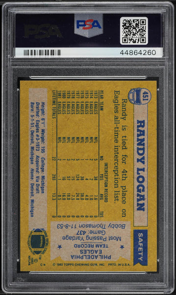 1982 Topps FB Card #451 Randy Logan Philadelphia Eagles PSA 9 MINT (MGD2)
