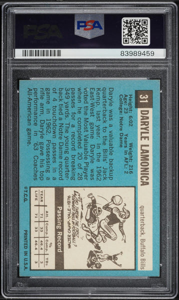 1964 Topps FB Card # 31 Daryle Lamonica Buffalo Bills ROOKIE RC PSA 8 NM-MT (MGD2)
