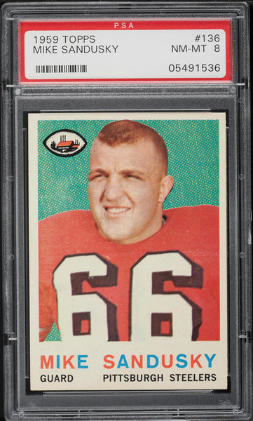 1959 Topps FB Card #136 Mike Sandusky Pittsburgh Steelers ROOKIE RC PSA 8 NM-MT (MGD2)