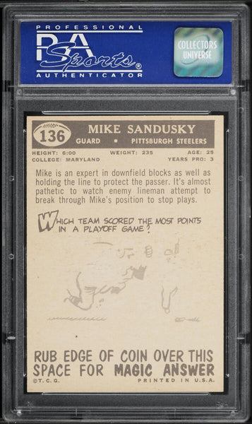 1959 Topps FB Card #136 Mike Sandusky Pittsburgh Steelers ROOKIE RC PSA 8 NM-MT (MGD2)