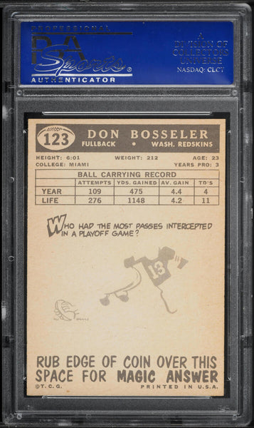 1959 Topps FB Card #123 Don Bosseler Pittsburgh Steelers HOF PSA 8 NM-MT (MGD2)