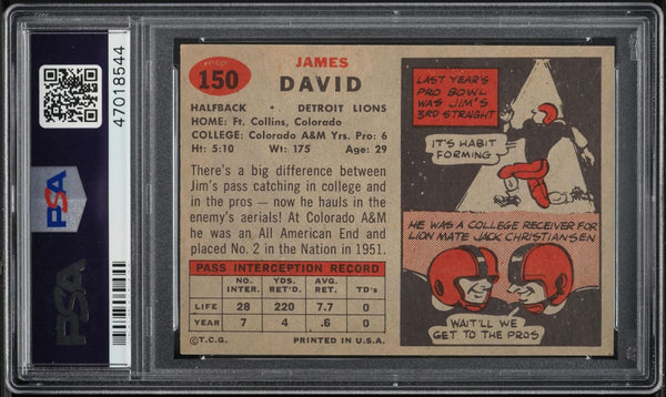 1957 Topps FB Card #150 Jim David Detroit Lions ROOKIE RC SP PSA 7 NRMT (MGD2)