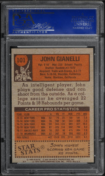 1978 Topps BkB Card #101 John Gianelli Milwaukee Bucks PSA 9 MINT (MGD2)