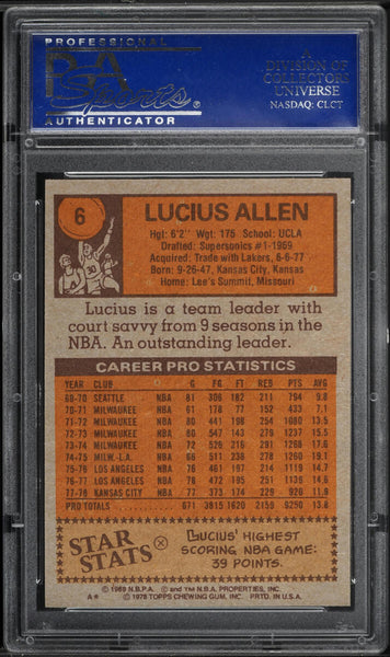 1978 Topps BkB Card # 6 Lucius Allen Kansas City Kings PSA 9 MINT (MGD2)