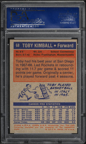 1972 Topps BkB Card # 68 Toby Kimball Milwaukee Bucks PSA 9 MINT (MGD2)