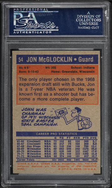 1972 Topps BkB Card # 54 John McGlocklin Milwaukee Bucks PSA 9 MINT (MGD2)