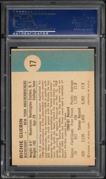 1961 Fleer BkB Card # 17 Richie Guerin New York Knicks ROOKIE RC HOF PSA 7 NRMT (MGD2)