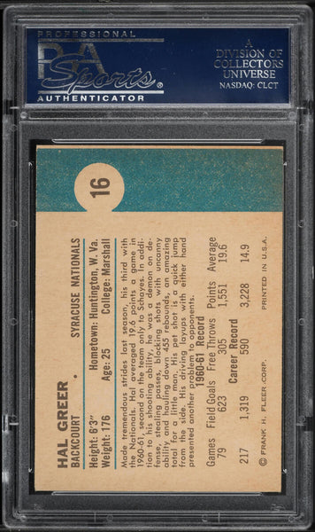 1961 Fleer BkB Card # 16 Hal Greer Syracuse Nationals ROOKIE RC HOF PSA 6 EXMT (MGD2)