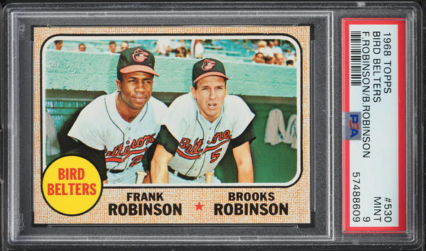 1968 Topps BB Card #530 Frank Robinson & Brooks Robinson BIRD BELTERS PSA 9 MINT (MGD2)