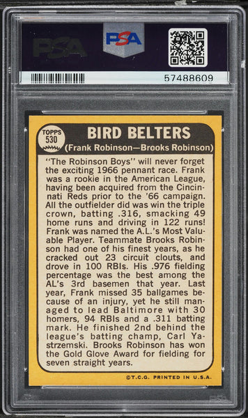 1968 Topps BB Card #530 Frank Robinson & Brooks Robinson BIRD BELTERS PSA 9 MINT (MGD2)