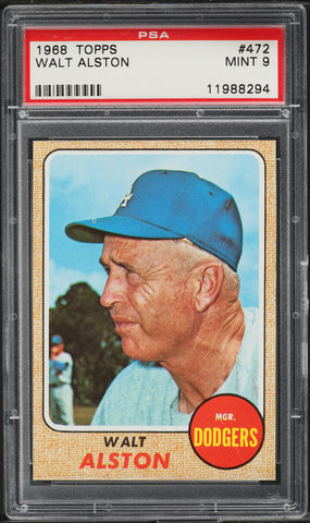 1968 Topps BB Card #472 Walt Alston Los Angeles Dodgers HOF PSA 9 MINT (MGD2)