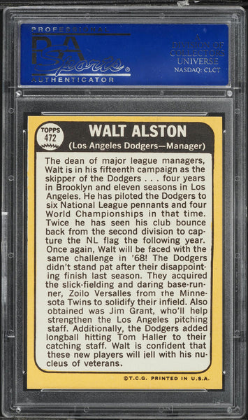1968 Topps BB Card #472 Walt Alston Los Angeles Dodgers HOF PSA 9 MINT (MGD2)