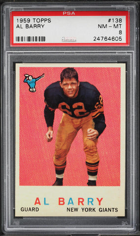 1959 Topps FB Card #138 AL Barry New York Giants ROOKIE RC PSA 8 NM-MT (MGD2)