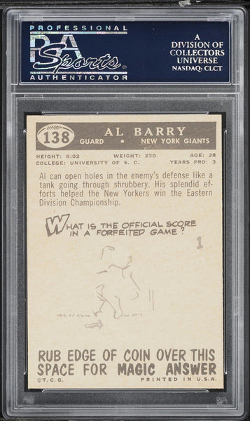 1959 Topps FB Card #138 AL Barry New York Giants ROOKIE RC PSA 8 NM-MT (MGD2)