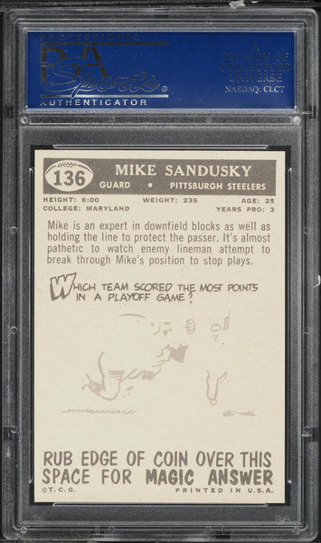 1959 Topps FB Card #136 Mike Sandusky Pittsburgh Steelers ROOKIE RC PSA 8 NM-MT (MGD2)