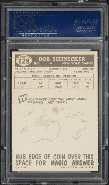 1959 Topps FB Card #128 Bob Schnelker New York Giants PSA 8 NM-MT (MGD2)