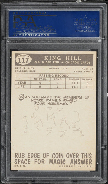 1959 Topps FB Card #117 King Hill Chicago Cardinals ROOKIE RC PSA 8 NM-MT (MGD2)