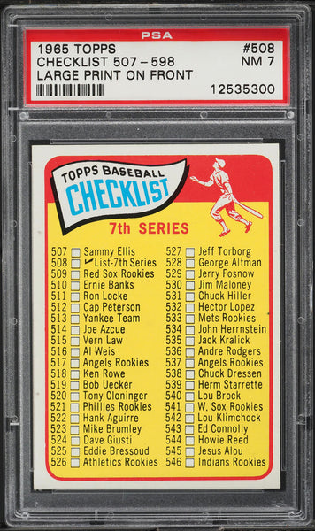 1965 Topps BB Card #508 Checklist 507-598 LARGE PRINT ON FRONT PSA 7 NRMT (MGD2)