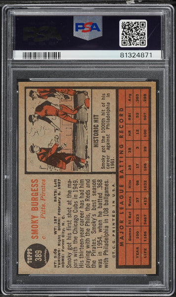 1962 Topps BB Card #389 Smoky Burgess Pittsburgh Pirates PSA 7 NRMT (MGD2)