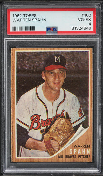 1962 Topps BB Card #100 Warren Spahn Milwaukee Braves HOF PSA 4 VGEX (MGD2)