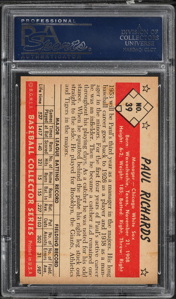 1953 Bowman Color BB Card # 39 Paul Richards Baltimore Orioles HOF PSA 7 NRMT (MGD2)
