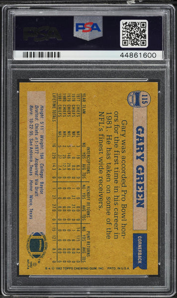 1982 Topps FB Card #115 Gary Green Kansas City Chiefs HOF PSA 9 MINT (MGD2)