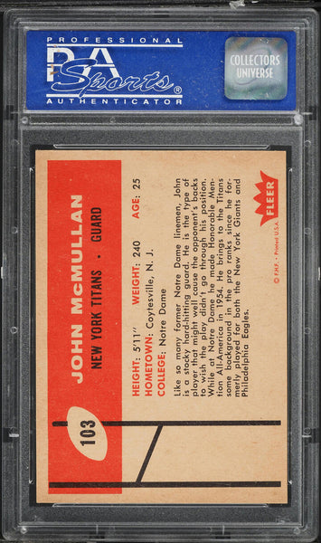 1960 Fleer FB Card #103 John McMullan New York Titans ROOKIE RC PSA 8 NM-MT (MGD2)