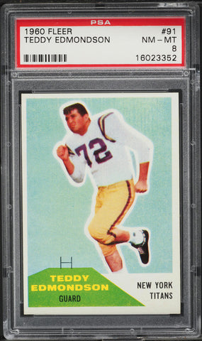 1960 Fleer FB Card # 91 Teddy Edmondson New York Titans ROOKIE RC PSA 8 NM-MT (MGD2)
