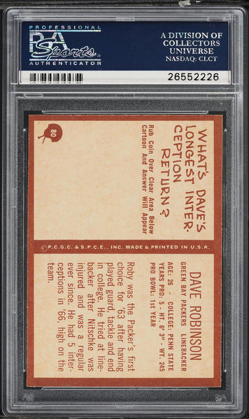 1967 Philadelphia FB Card # 80 Dave Robinson Packers HOF ROOKIE RC PSA 8 NM-MT (MGD2)