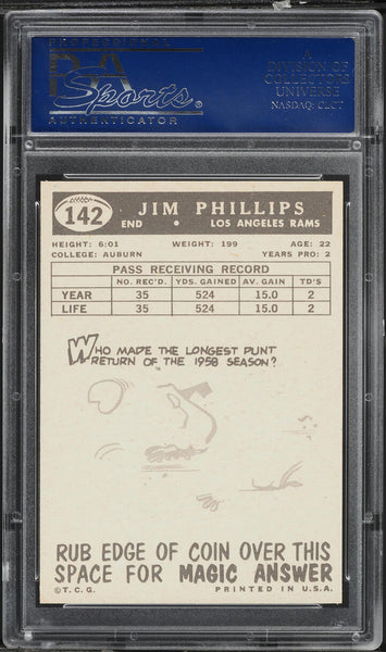 1959 Topps FB Card #142 Jim Phillips Los Angeles Rams ROOKIE RC PSA 8 NM-MT (MGD2)
