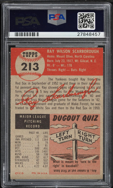 1953 Topps BB Card #213 Ray Scarborough New York Yankees PSA 7 NRMT (MGD2)