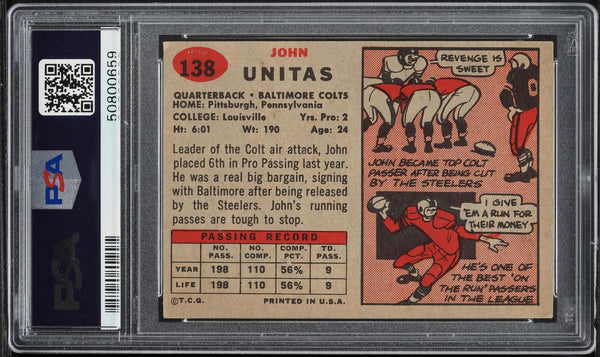 1957 Topps FB Card #138 Johnny Unitas Baltimore Colts HOF ROOKIE RC PSA 6 EXMT (MGD2)