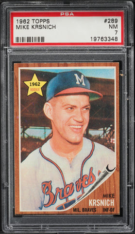 1962 Topps BB Card #289 Mike Krsnich Milwaukee Braves ROOKIE STAR RC PSA 7 NRMT (MGD2)