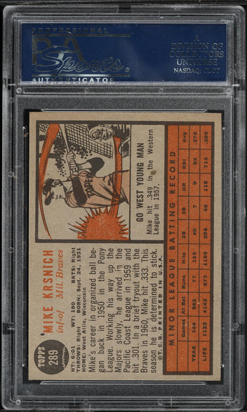1962 Topps BB Card #289 Mike Krsnich Milwaukee Braves ROOKIE STAR RC PSA 7 NRMT (MGD2)